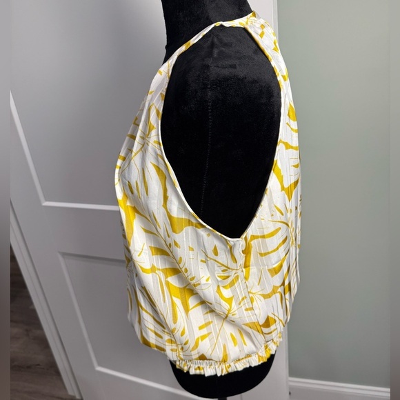 Joie Women Tropical Leaf Print Blouse Yellow White Sheer Smocked Halter blouson - Picture 2 of 9